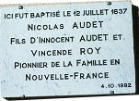 Plaque en l'honneur de Nicolas Audet, Pionnier.